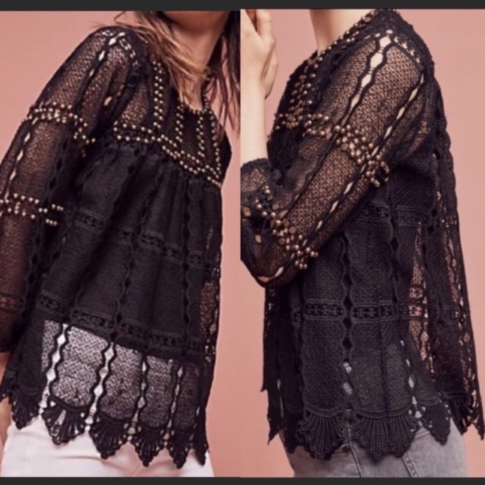 NWT Anthropologie Maeve Black Lace Studded Top
